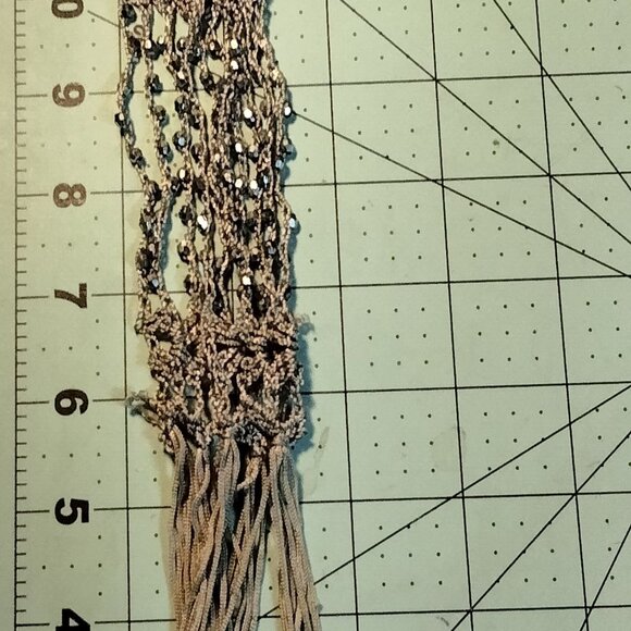 Silver Beaded Crochet Scarf Tie Fringe Rhinestones 82 Inch Long Elegant Runway - Picture 7 of 7